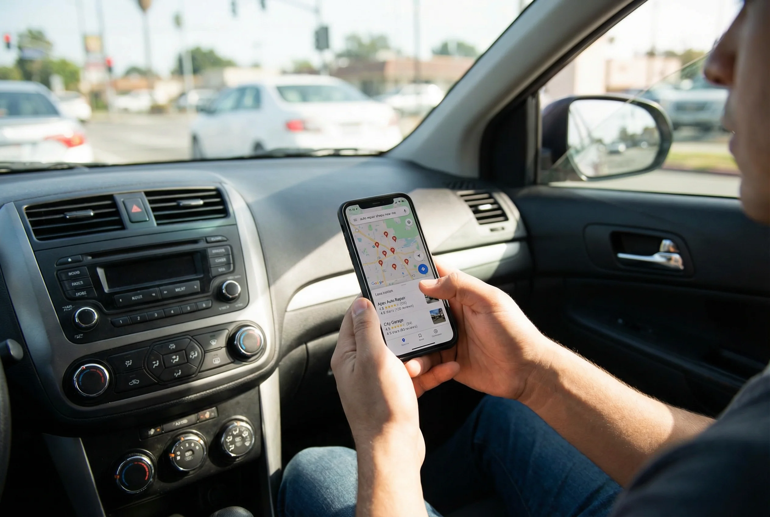 A local auto shop owner reviewing Facebook ad performance on a tablet, showing geo-targeted campaigns for nearby neighborhoods