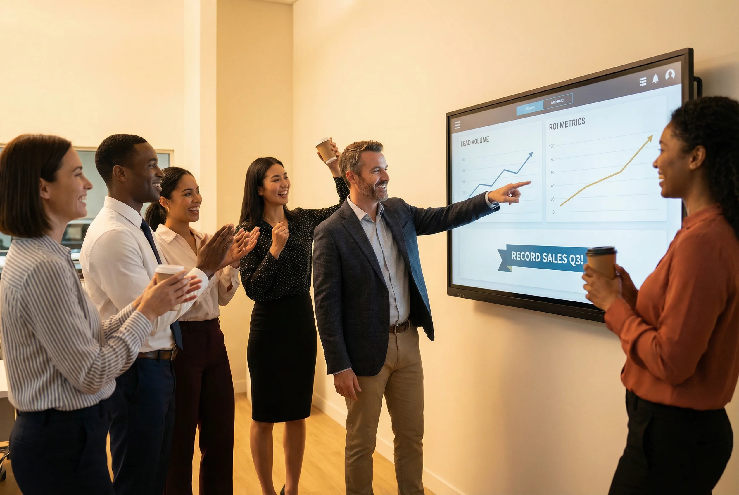A dealership digital marketing team reviewing campaign performance data on a large screen, showing lead volume, cost per acquisition, and conversion metrics