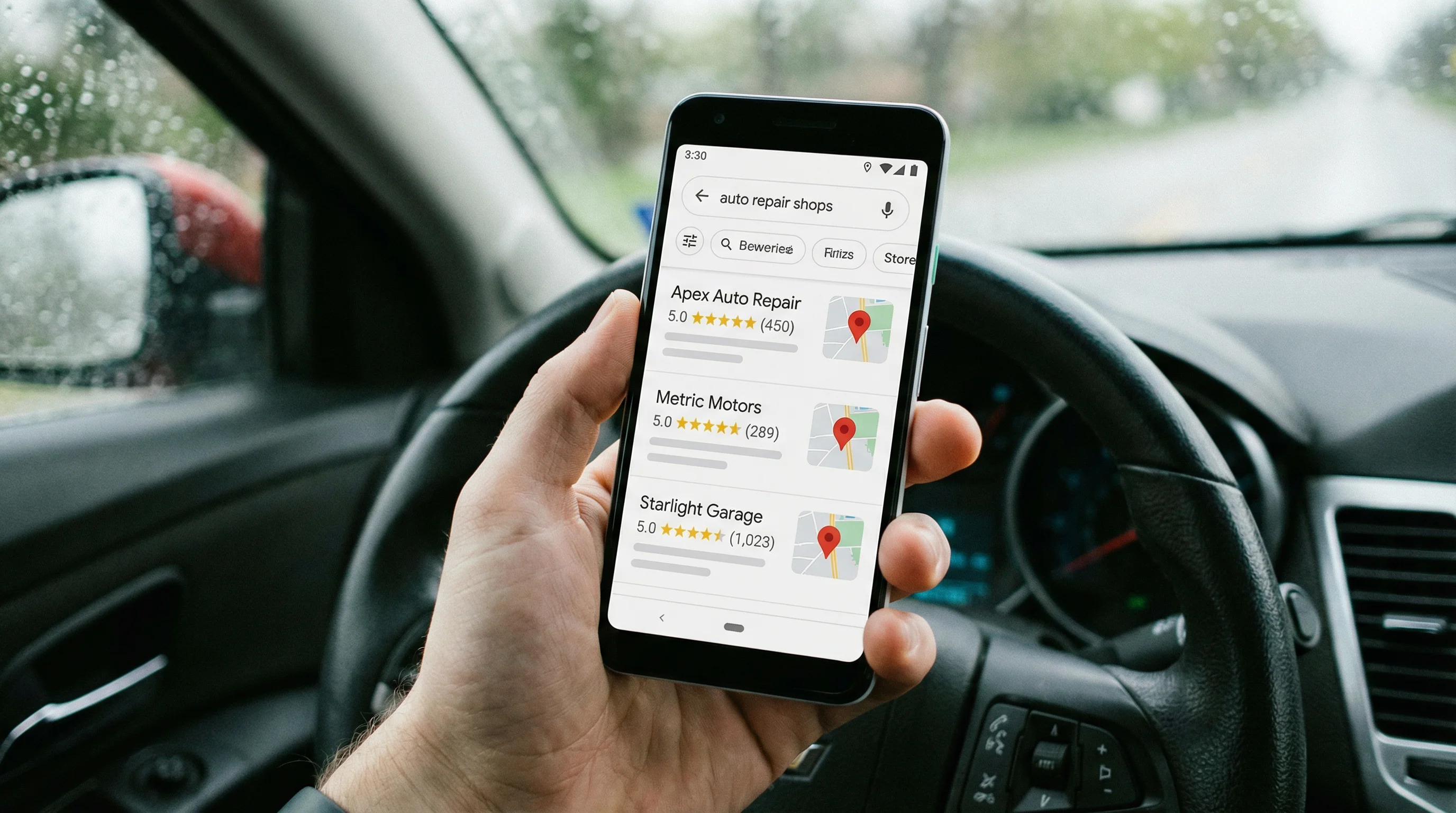 A smartphone showing Google Maps local search results for auto repair shops with 5-star ratings