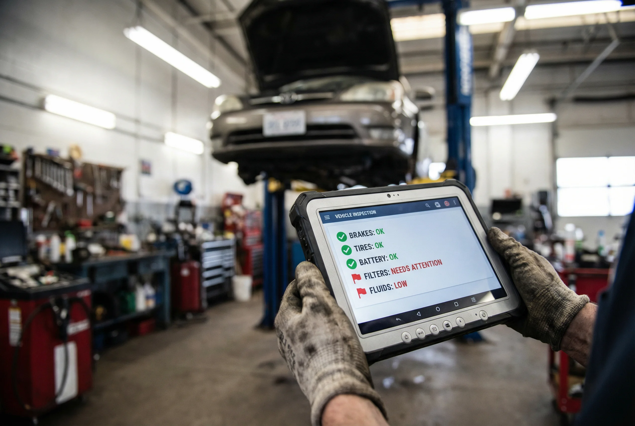A shop technician using a tablet to document a digital vehicle inspection with photos of worn brake pads