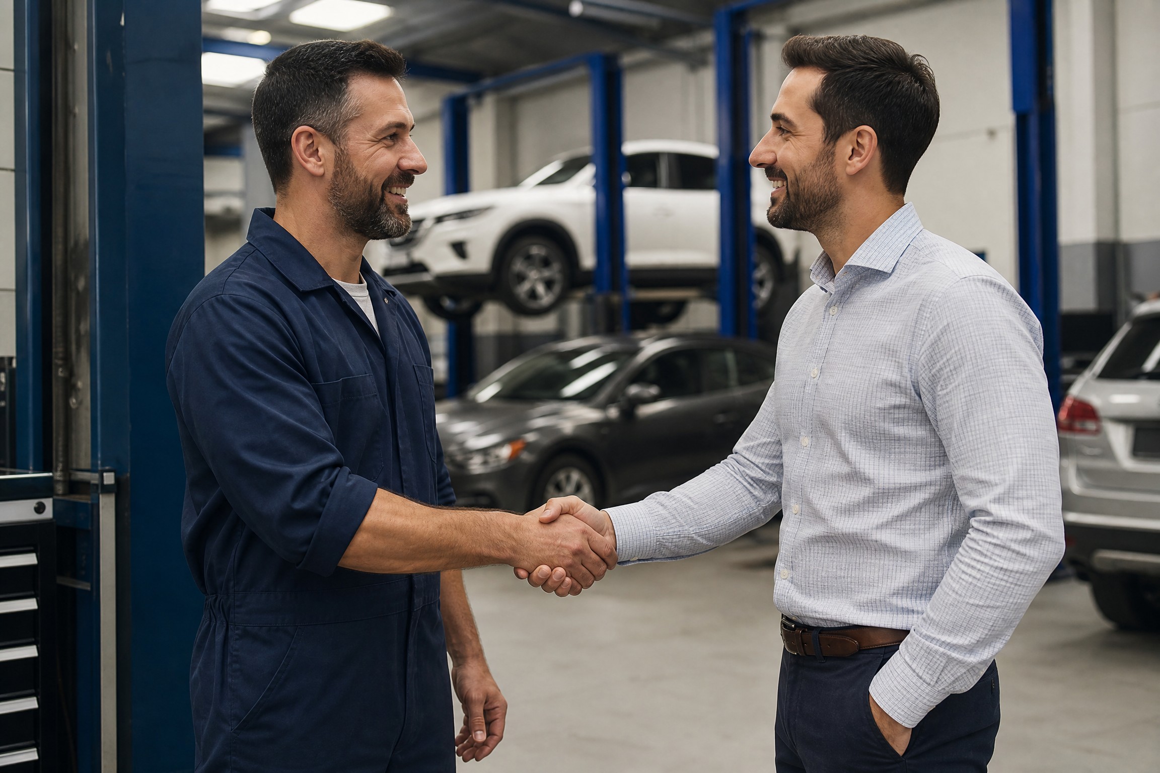 Auto shop owner and marketing specialist shaking hands on transparent Google Ads agreement