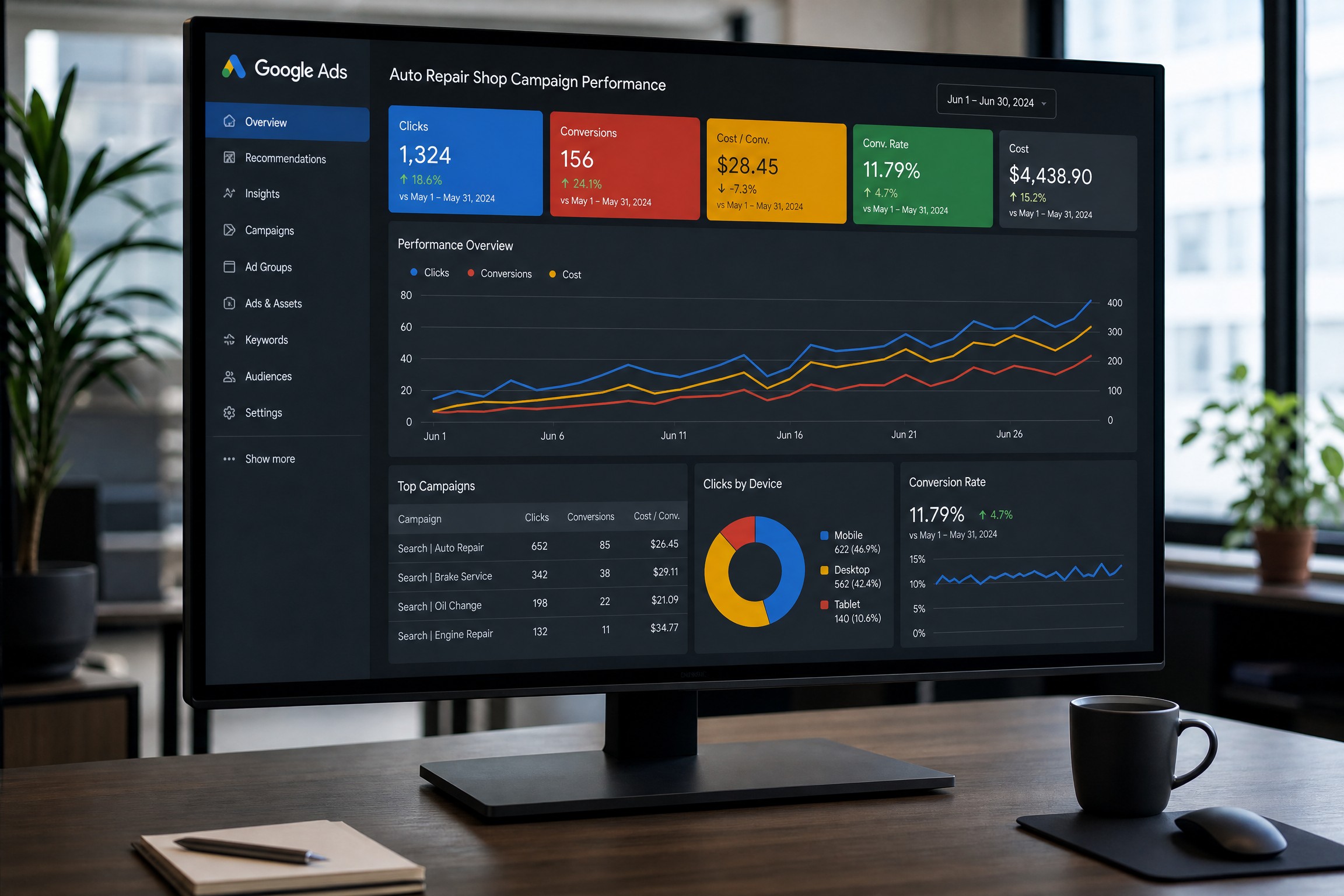 Google Ads ROI dashboard monitor showing leads, cost per lead, and 4.35x return for auto repair shop