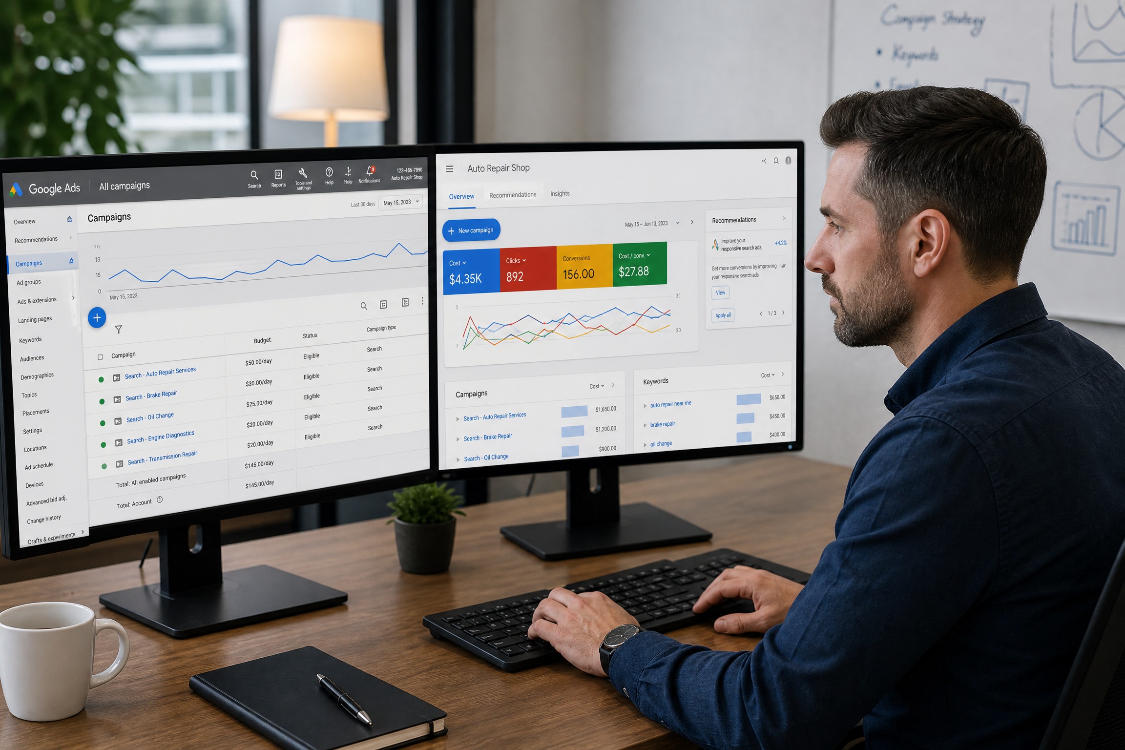 Google Ads specialist managing auto repair shop campaigns at desk