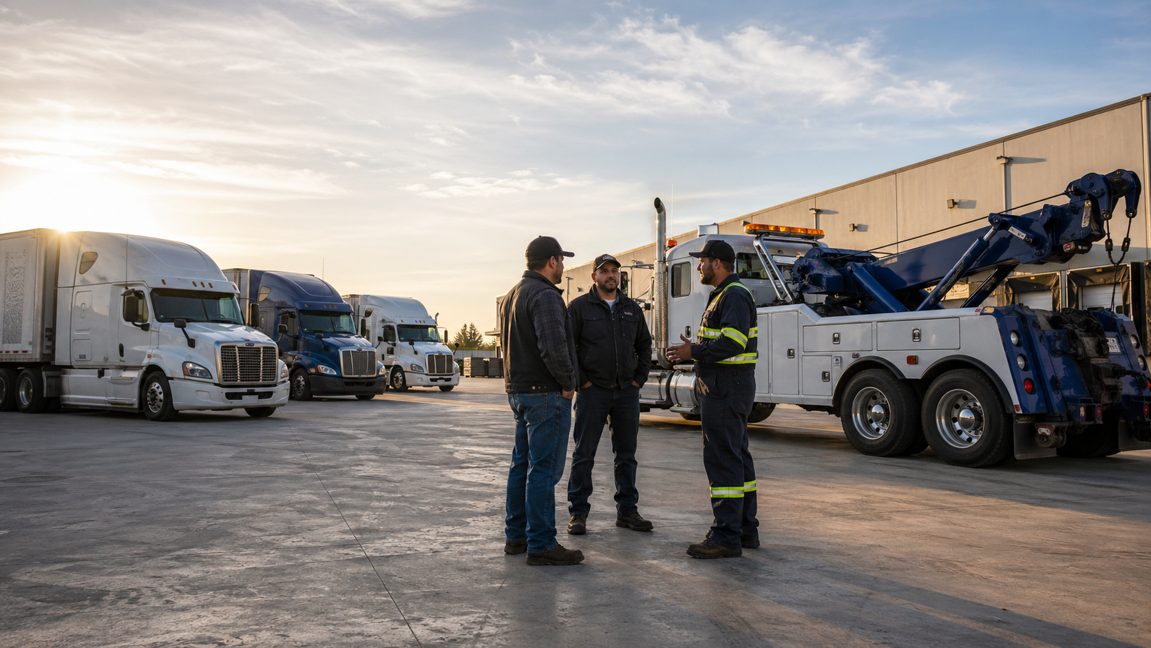 Towing crew discussing fleet recovery operations at commercial yard