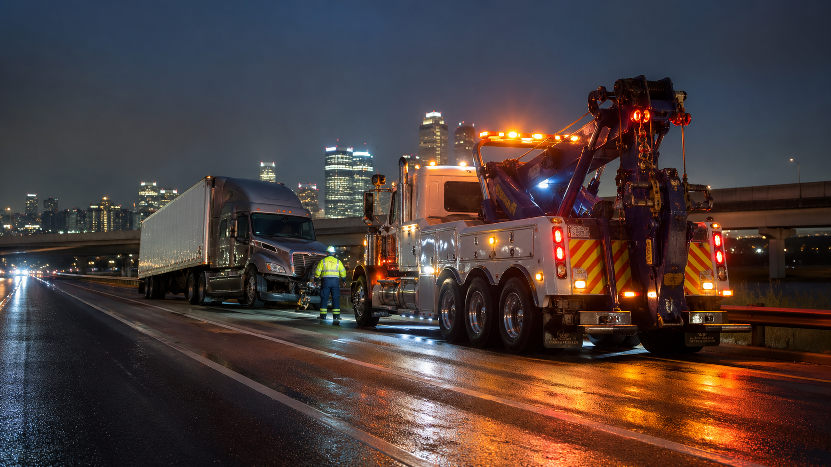 Heavy-duty wrecker recovering semi-truck on wet highway at night