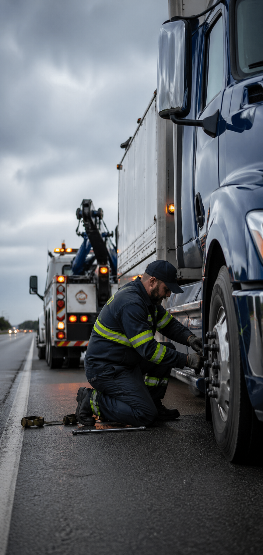 Roadside assistance technician repairing truck tire on highway at dusk