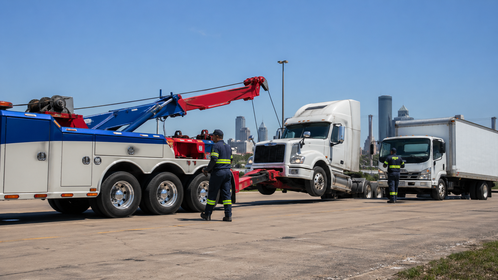 RT-Towing crew discussing heavy-duty towing operations at fleet yard in Houston