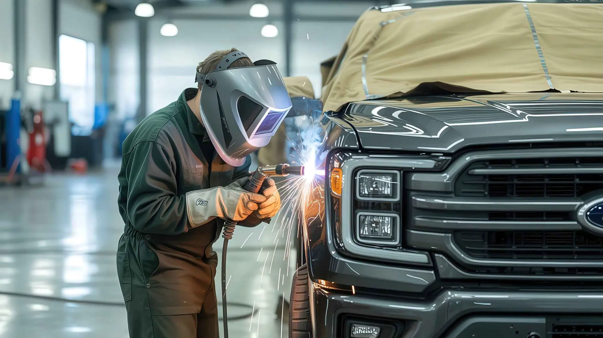 Welder repairing front end of dark truck