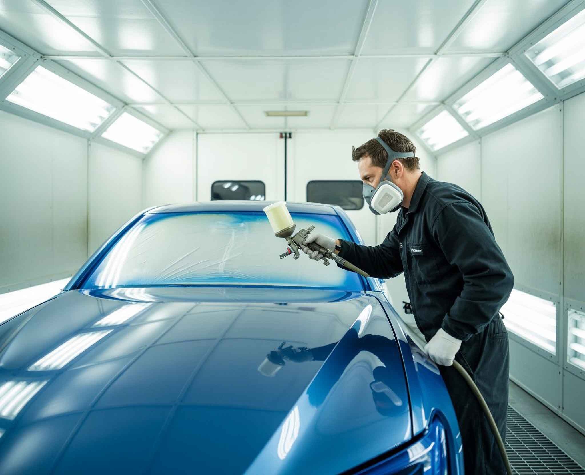 Technician spraying paint on blue car in paint booth