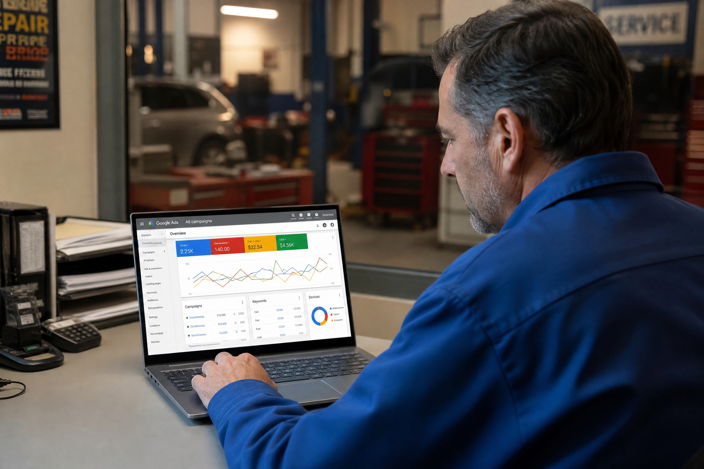 Mechanic reviewing Google Ads dashboard showing auto repair shop campaign performance