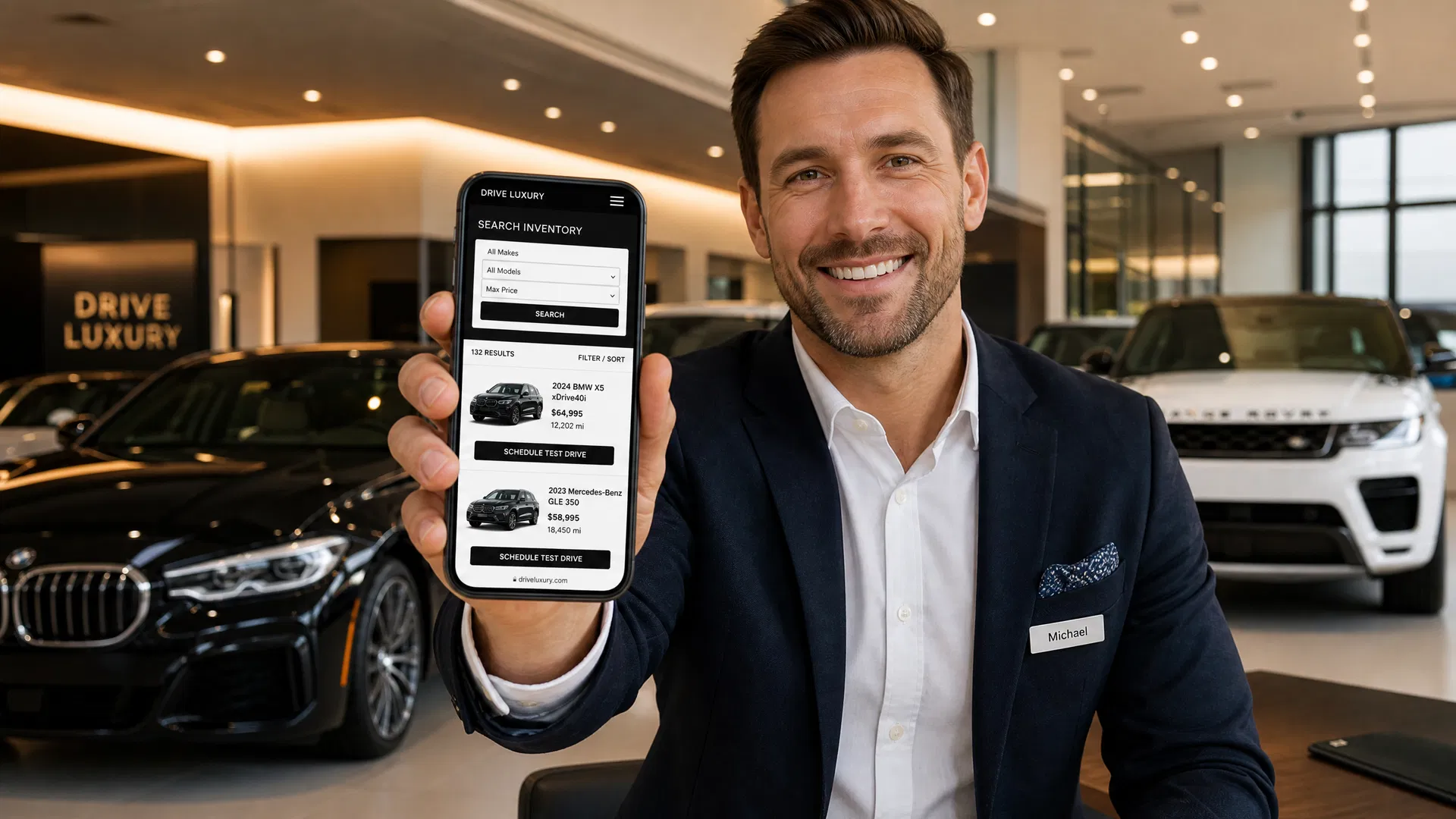 Car dealership salesperson holding a smartphone showing a mobile-responsive vehicle search and inventory page in a modern showroom