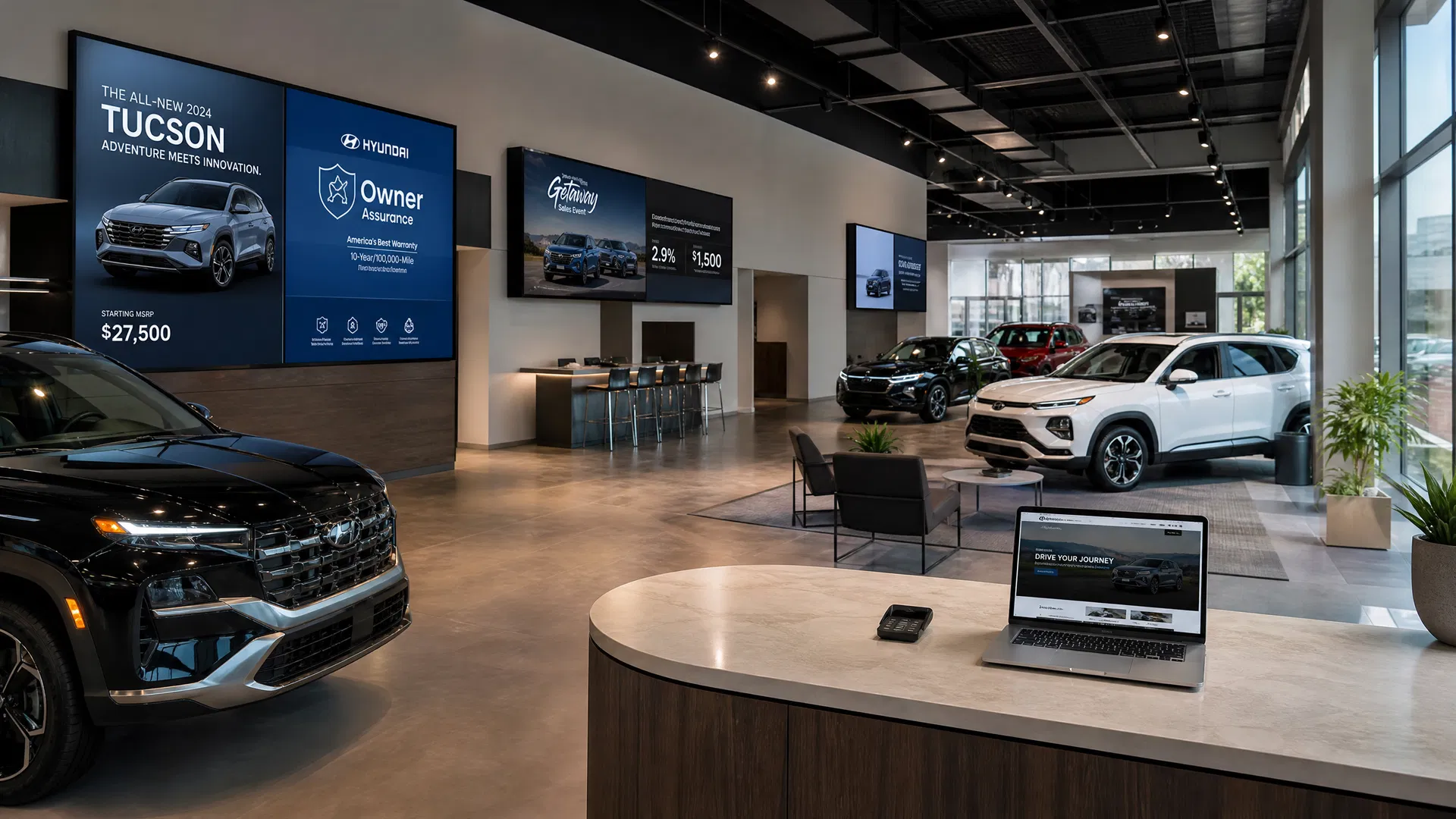 Modern car dealership showroom floor with vehicles on display and large digital screens showing vehicle information and promotions