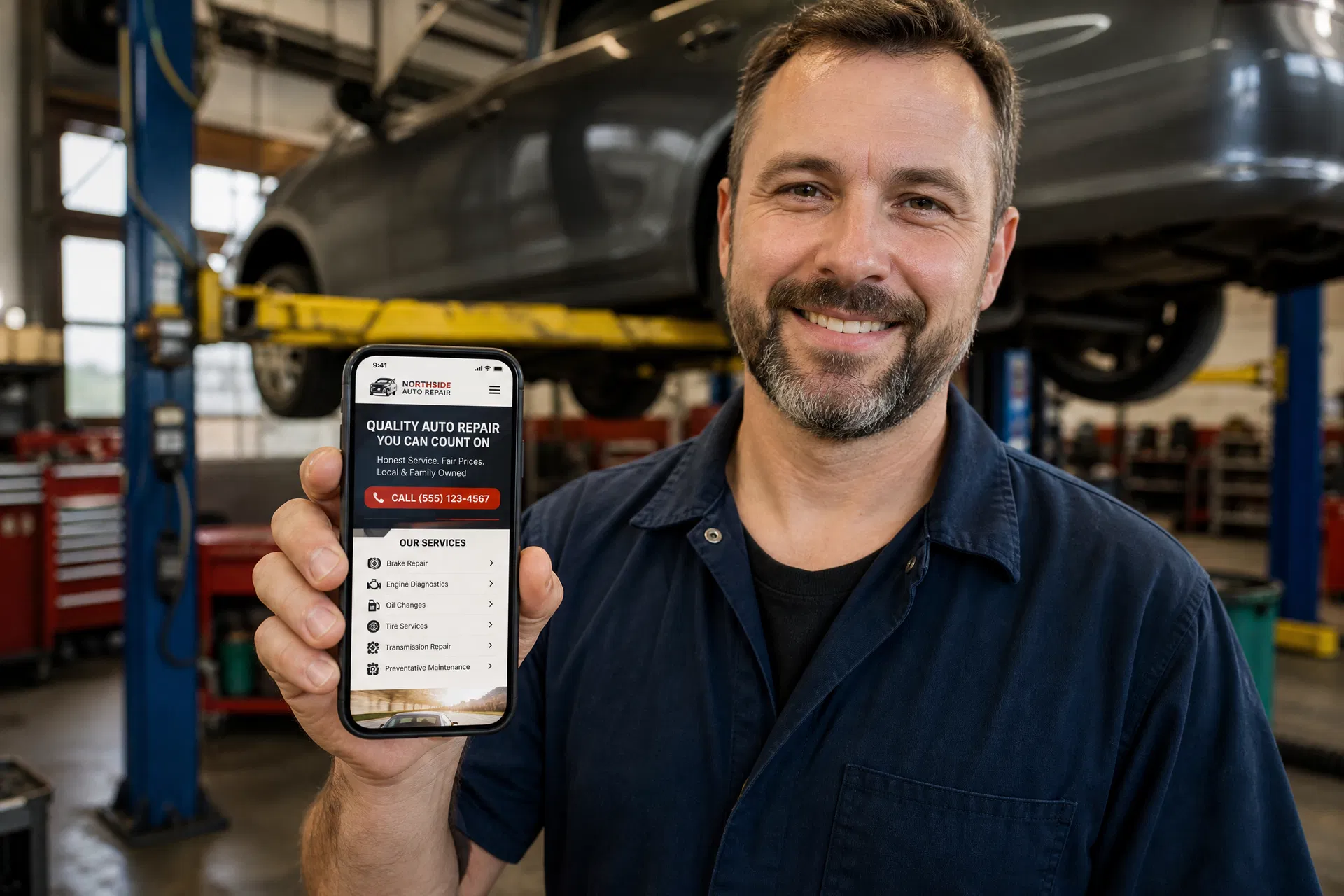 A mechanic in work uniform holding a smartphone showing a fast-loading, mobile-optimized auto repair shop website with a prominent click-to-call button