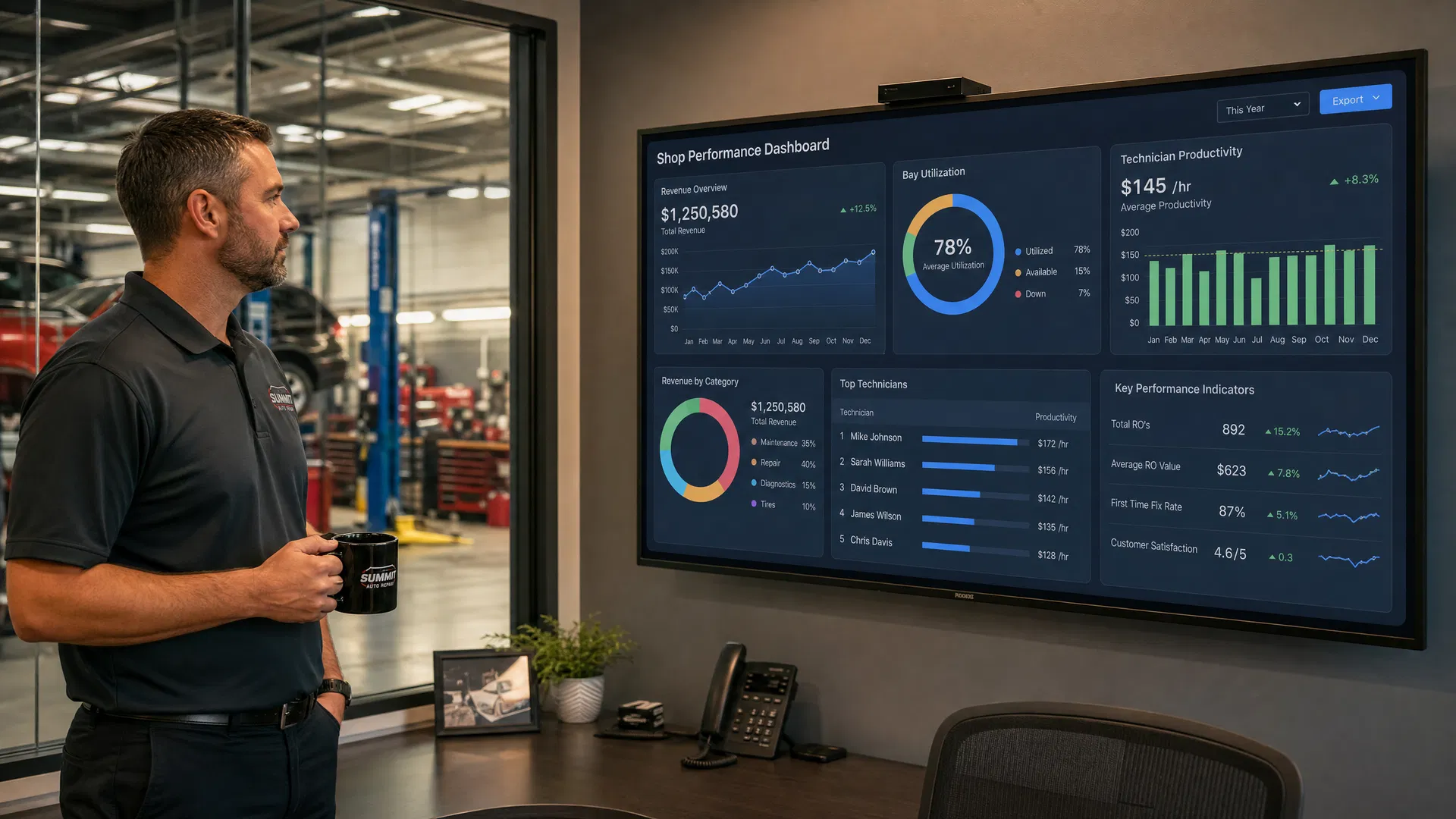 Shop manager reviewing performance analytics dashboard showing revenue trends and bay utilization