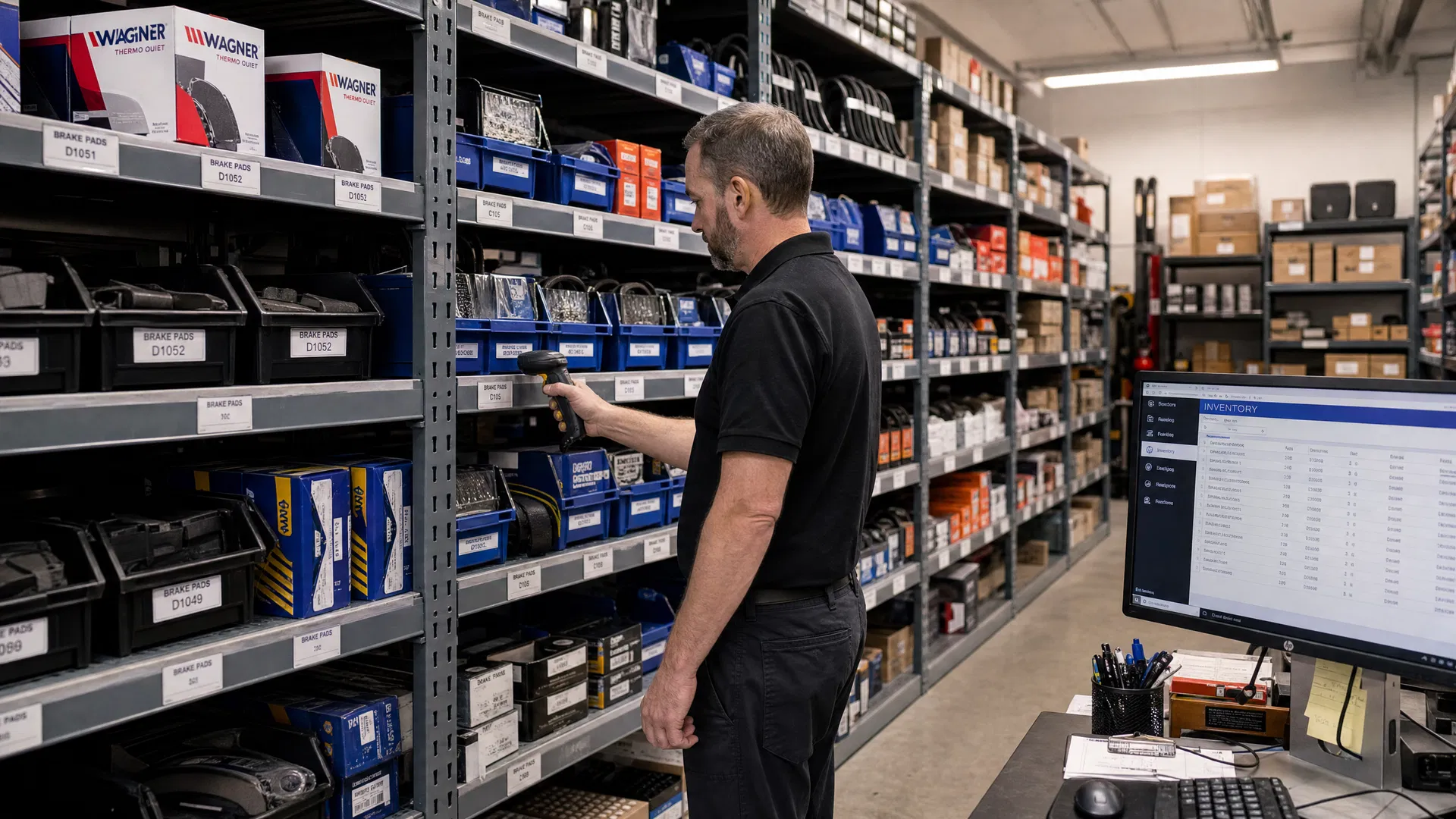 Parts manager using barcode scanning for inventory management in an organized auto parts stockroom