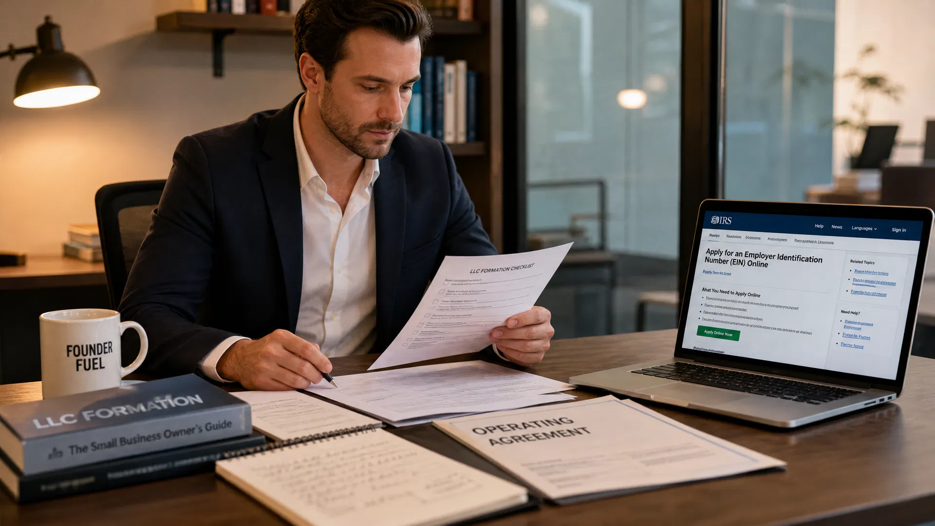 A small business owner reviewing LLC formation paperwork and an EIN application on a laptop — the legal foundation for opening an auto repair shop