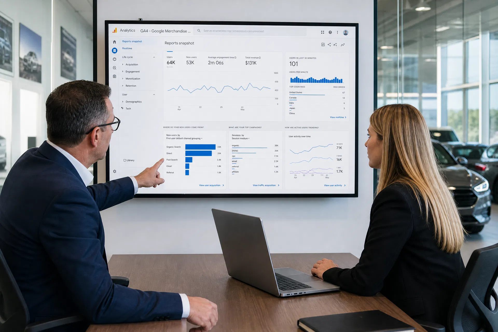 A dealership GM and digital marketing specialist reviewing PPC analytics on a large screen