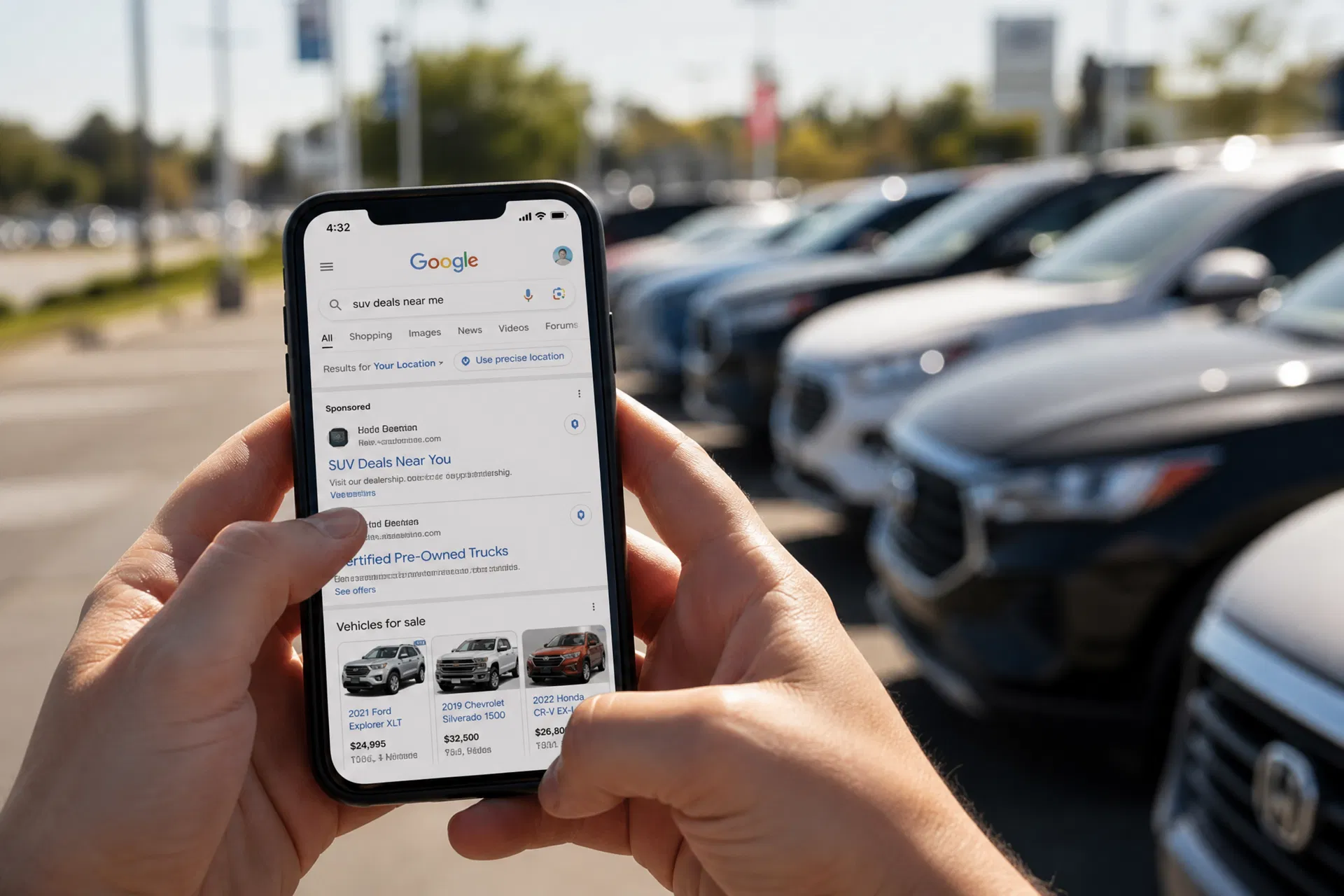 A car shopper searching for SUV deals on a smartphone at a dealership lot